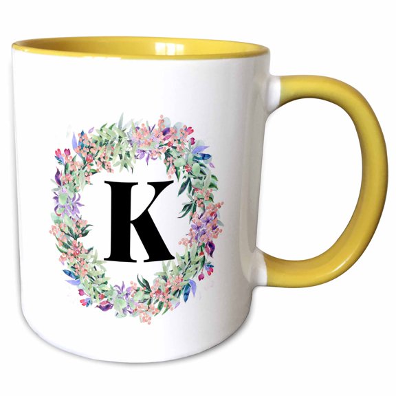 3drose, Image of Flowery Circle Monogram K, 11oz Two-tone Yellow Mug