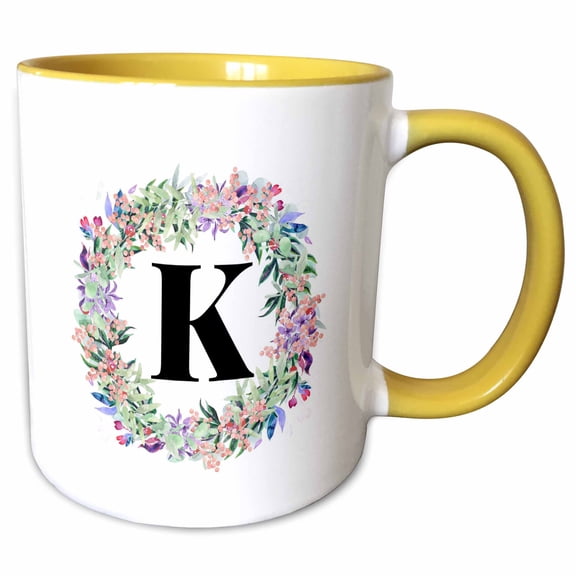 3drose, Image of Flowery Circle Monogram K, 15oz Two-tone Yellow Mug