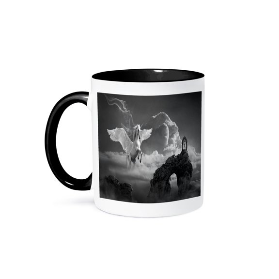 3drose, Image of Flying Unicorn with Arch and Man in Black and White, 11oz Two-tone Black Mug
