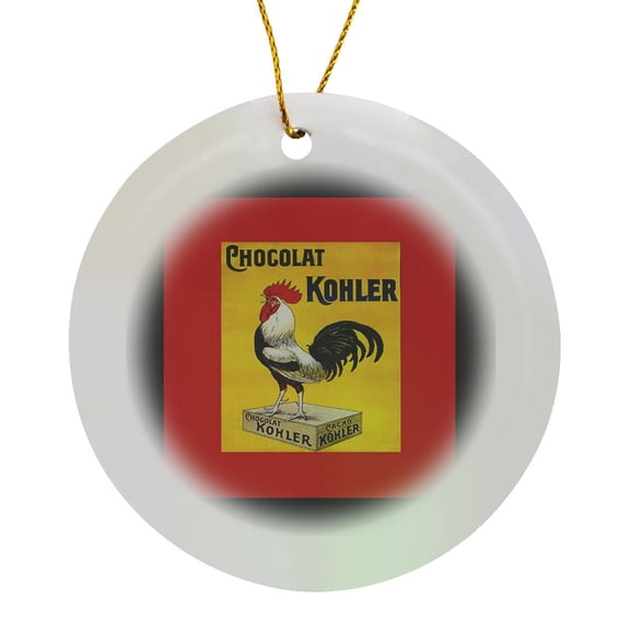 3drose, Image of French Rooster Selling Chocolate in Black Red and Yellow, Circle Porcelain Ornament