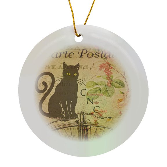 3drose, Image of French Typography Postcard with Large Brown Cat, Circle Porcelain Ornament