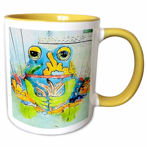 3drose, Image of Funny Lime Aqua and Orange Fat Frog Painting, 11oz Two-tone Yellow Mug