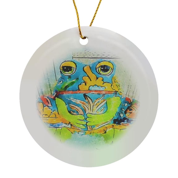 3drose, Image of Funny Lime Aqua and Orange Fat Frog Painting, Circle Porcelain Ornament