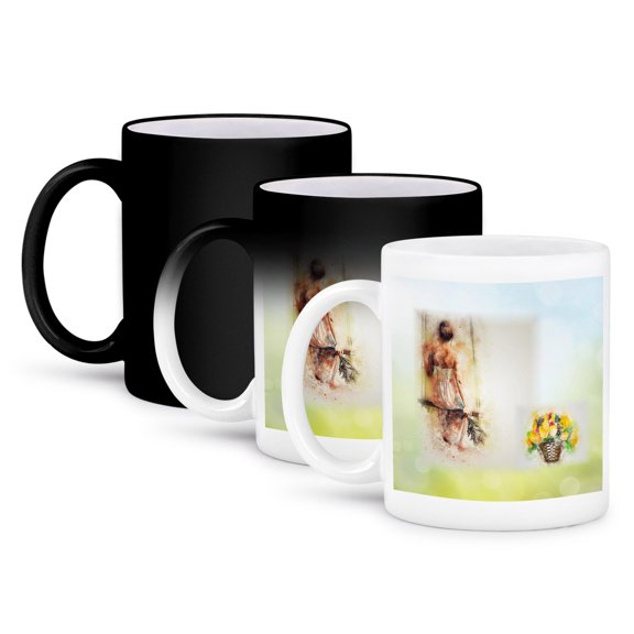 3drose, Image of Girl on Swing with Basket of Yellow Flowers Painting, 11oz Magic Transforming Mug
