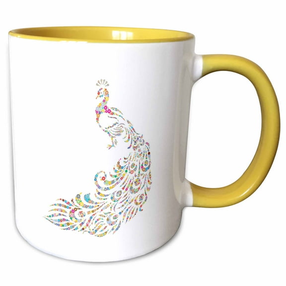 3drose, Image of Glittery Multicolor Peacock on White, 11oz Two-tone Yellow Mug