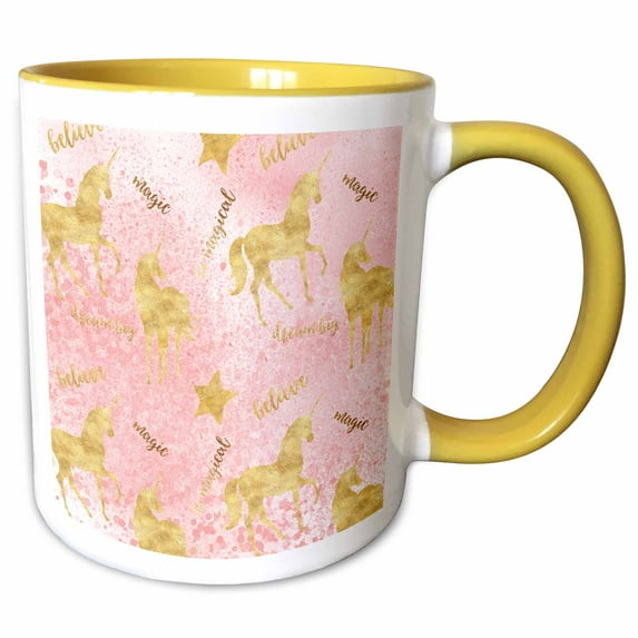 3drose, Image of Gold Believe Magical Inspirational Pink Blush Glitz Unicorns, 15oz Two-tone Yellow Mug