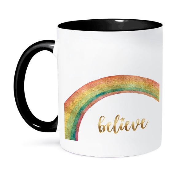 3dRose, Image of Gold Believe Star Rainbow, 11oz Two-Tone Black Mug