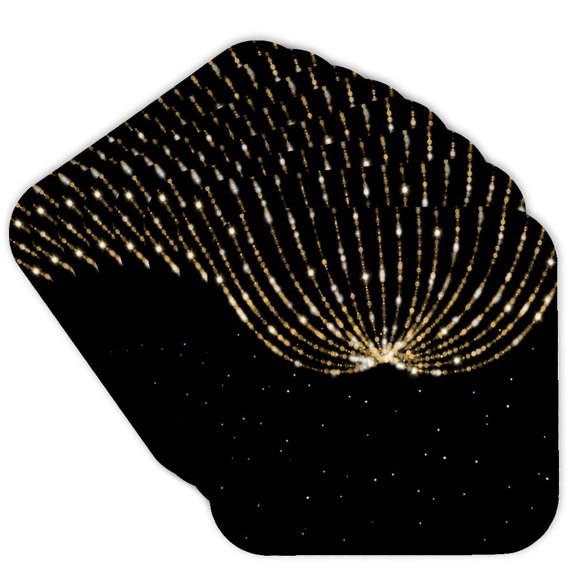3drose, Image of Gold Chandelier String Lights over a Black Confetti Background, Set of 8 Coasters - Soft