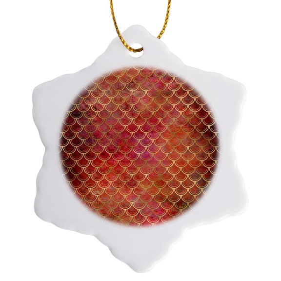 3drose, Image of Gold Fancy Mermaid Scallops on Pink and Orange Grunge, 3 inch Snowflake Porcelain Ornament