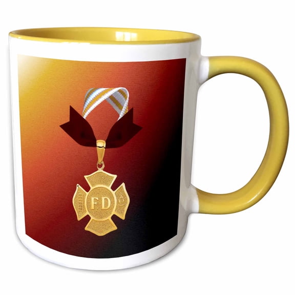 3drose, Image of Gold Fire Department Emblem, Ribbon, Ladder and Fire Hydrant, 11oz Two-tone Yellow Mug
