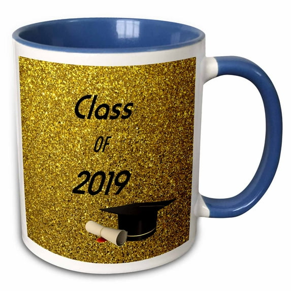 3drose, Image of Gold Glitter Words Class of 2019 with Cap Diploma, 15oz Two-tone Blue Mug