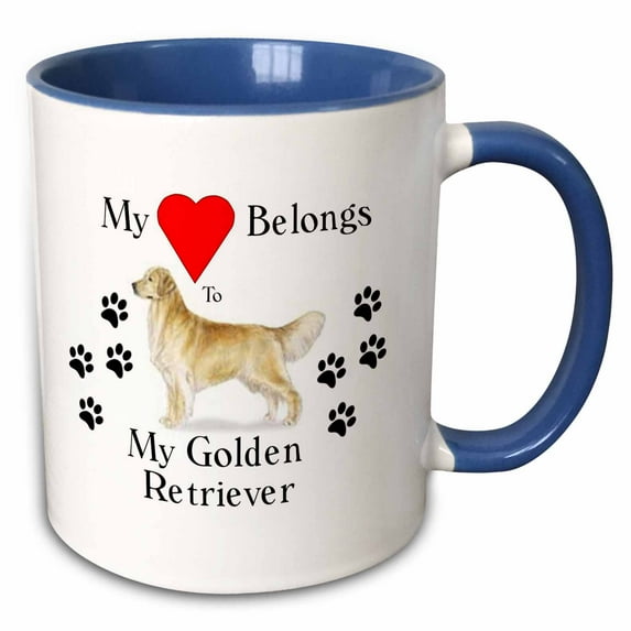 3drose, Image of Golden Retriever with Red Heart and Paw Prints, 11oz Two-tone Blue Mug