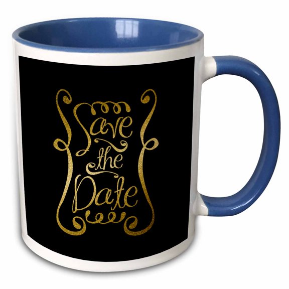 3drose, Image of Golden Shimmering Save the Date Typography on Black, 11oz Two-tone Blue Mug