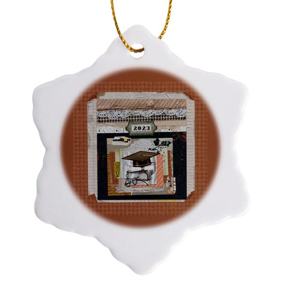 3drose, Image of Graduation Cap, Diploma, 2023, Eye Glasses, Aged Paper, 3 inch Snowflake Porcelain Ornament