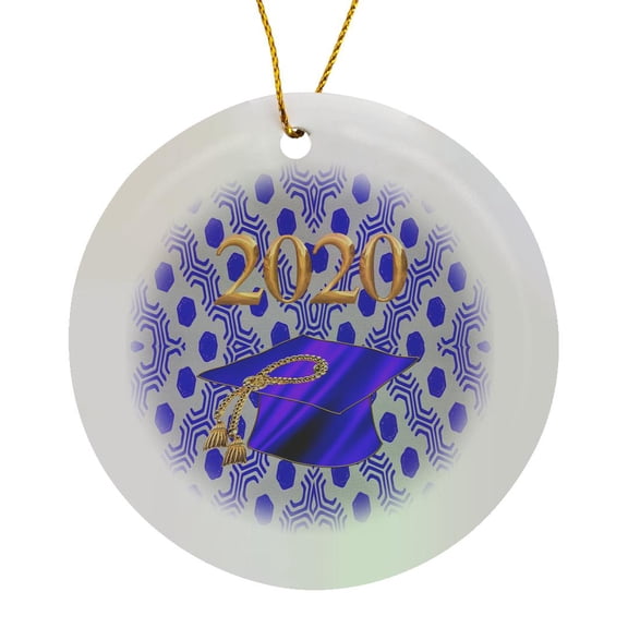 3drose, Image of Graduation Cap Tassel, 2020, Hexagon Design, Gold, Purple, Circle Porcelain Ornament