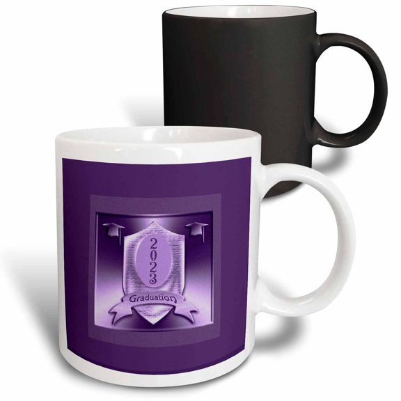 3drose, Image of Graduation Caps and 2023 on Shield with Banner, Purple, 11oz Magic Transforming Mug