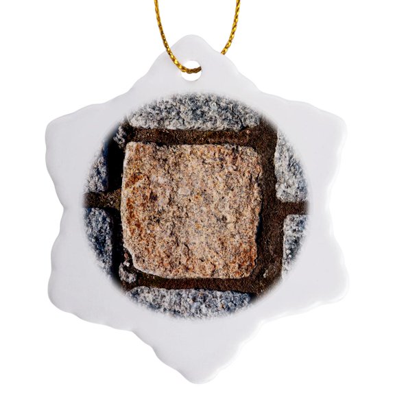3drose, Image of Granite Block of Square Shape Surrounded by Grey Stones, 3 inch Snowflake Porcelain Ornament