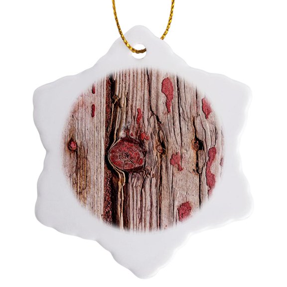 3drose, Image of Grunge Weathered Wood Texture, Round Knot, Vertical Seam, 3 inch Snowflake Porcelain Ornament