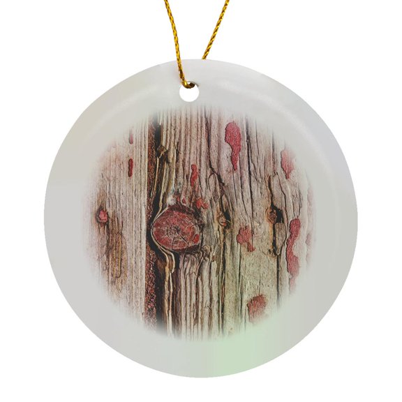 3drose, Image of Grunge Weathered Wood Texture, Round Knot, Vertical Seam, Circle Porcelain Ornament