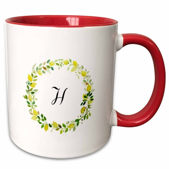 3drose, Image of H Green Floral Monogram, 11oz Two-tone Red Mug