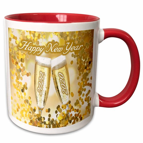 3drose, Image of Happy New Year in Gold Bubbles Words and Champagne, 15oz Two-tone Red Mug