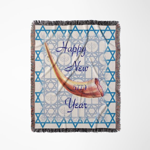 Image Of Happy New Year With Shofar On Stars Of David , Woven Blanket