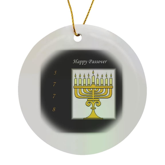 3drose, Image of Happy Passover with Menorah and 5778, Circle Porcelain Ornament