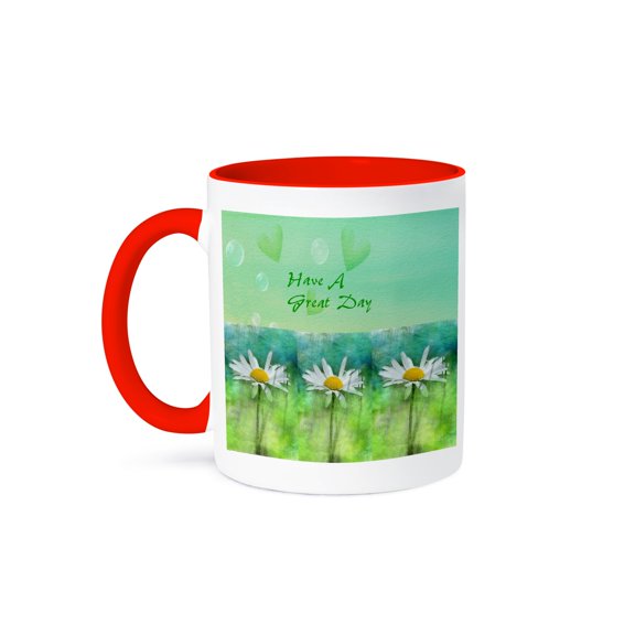 3drose, Image of Have a Great Day with Three Watercolor Daisies, 11oz Two-tone Red Mug