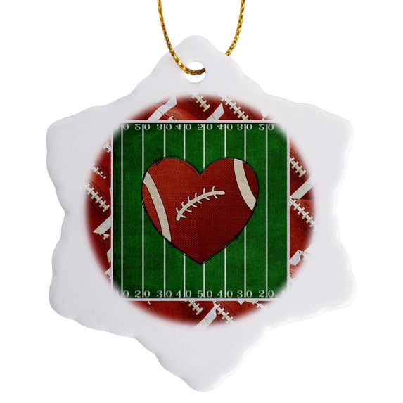 3drose, Image of Heart Shaped Football on Football Field, Football Frame, 3 inch Snowflake Porcelain Ornament
