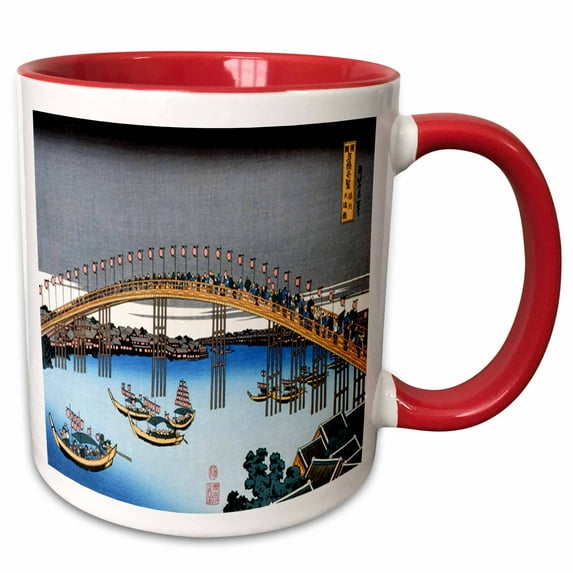 3drose, Image of Hokusai Woodcut Famous Bridge and Boats Painting, 15oz Two-tone Red Mug