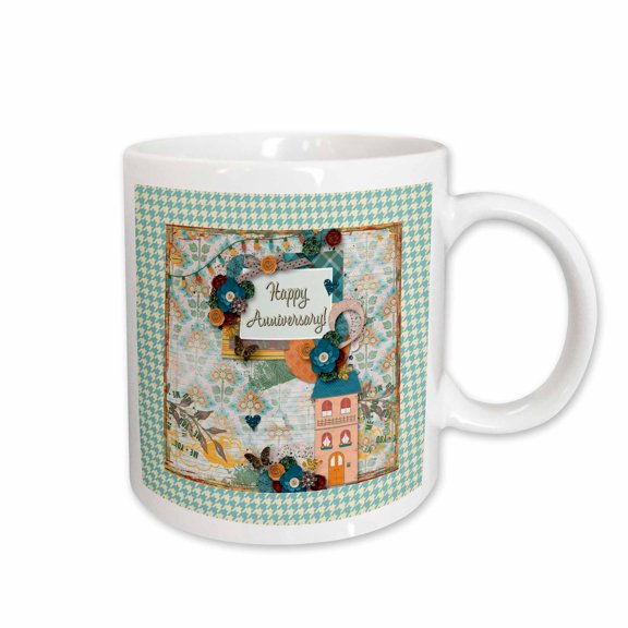 3drose, Image of Home Anniversary, House in Flora Cluster, Houndstooth Design, 11oz Mug