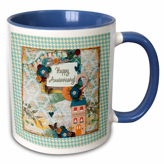 3drose, Image of Home Anniversary, House in Flora Cluster, Houndstooth Design, 11oz Two-tone Blue Mug
