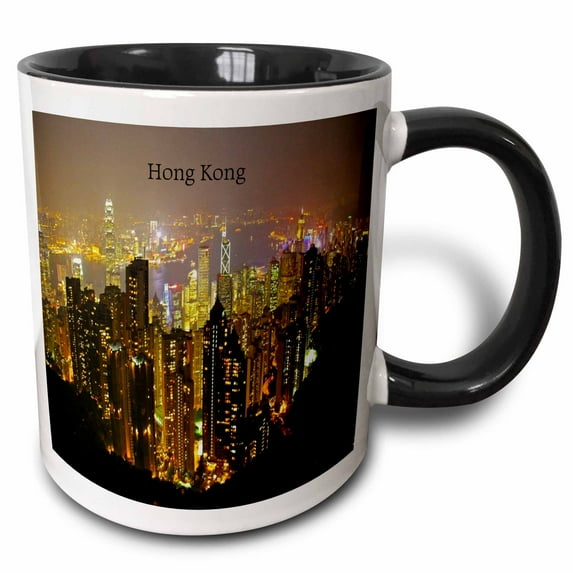 3drose, Image of Hong Kong Winter Evening Aerial View, 11oz Two-tone Black Mug