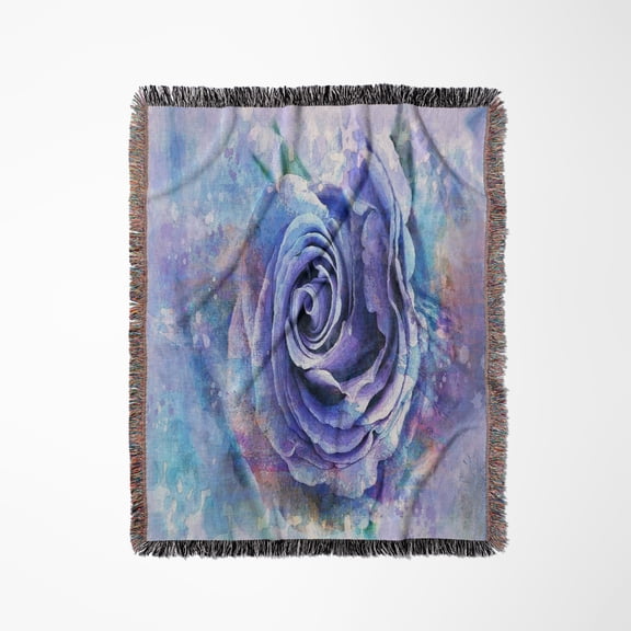 Image Of Huge Blue Violet Rose In Closeup On Bluish Background, Woven Blanket