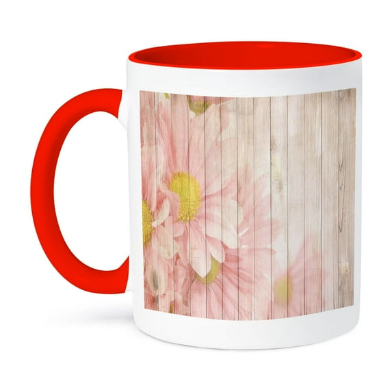 3drose, Image of Huge Daisy Flowers on Weathered Light Tan Planks, 11oz Two-tone Red Mug