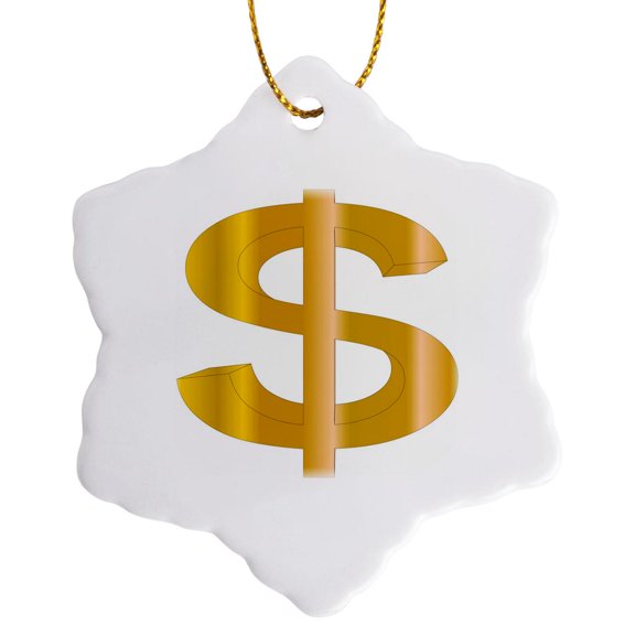3drose, Image of Huge Dollar Sign in Shiny Gold, 3 inch Snowflake Porcelain Ornament