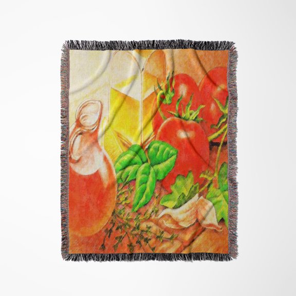 Image Of Italian Table Set With Olive Oil Tomatoes And Parsley, Woven Blanket