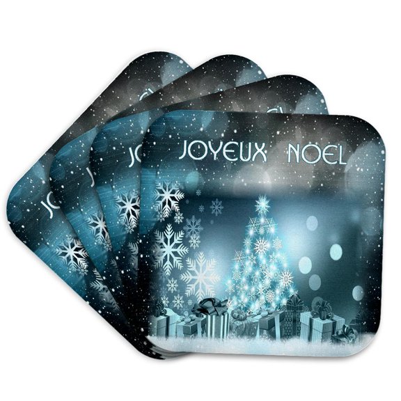 3drose, Image of Joyeux Noel on Aqua Sky Gifts and Snowflakes, Set of 4 Coasters - Soft