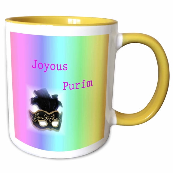 3drose, Image of Joyous Purim with Mask on Bright Gradient, 11oz Two-tone Yellow Mug