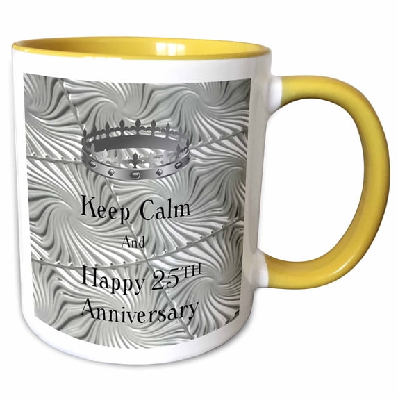 3drose, Image of Keep Calm and Happy 25th Anniversary with Crown, 15oz Two-tone Yellow Mug