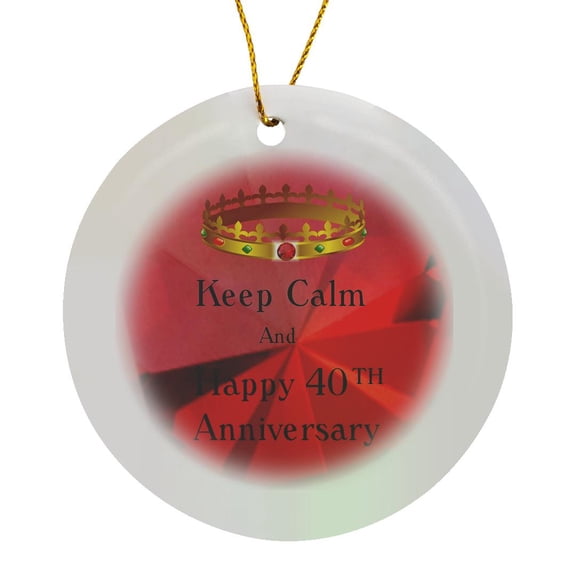 3drose, Image of Keep Calm and Happy 40th Anniversary with Crown, Circle Porcelain Ornament