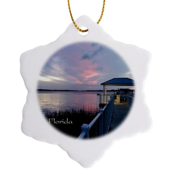 3drose, Image of Lake at Mount Dora Florida, 3 inch Snowflake Porcelain Ornament