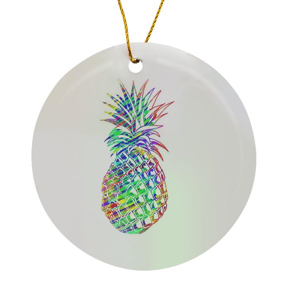 3drose, Image of Large Neon Colored Pineapple on White, Circle Porcelain Ornament