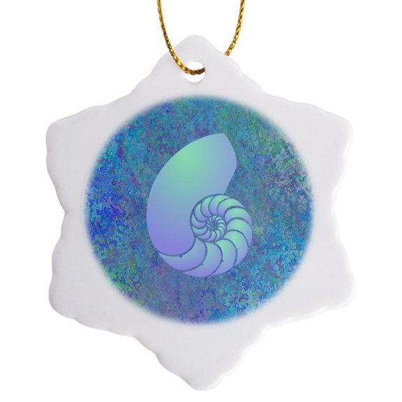 3drose, Image of Large Violet Nautilus Shell on Aqua Violet, 3 inch Snowflake Porcelain Ornament