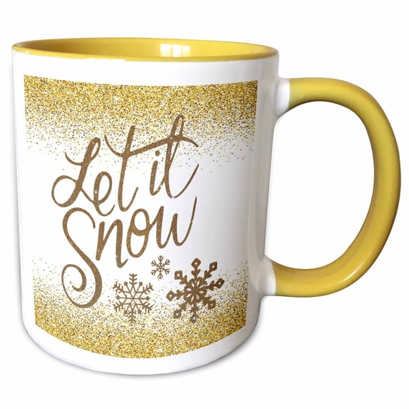 3drose, Image of Let It Snow on Gold Glitter with Snowflakes, 15oz Two-tone Yellow Mug