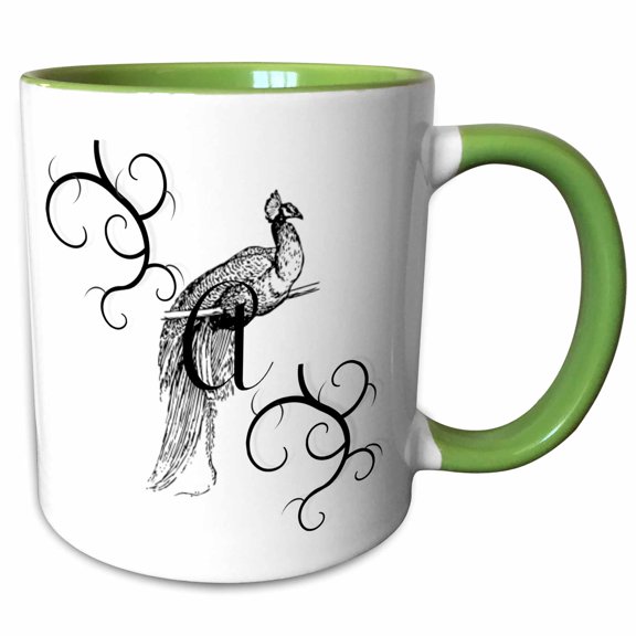 3drose, Image of Letter a Victorian Style with Peacock Hiding, 11oz Two-tone Green Mug