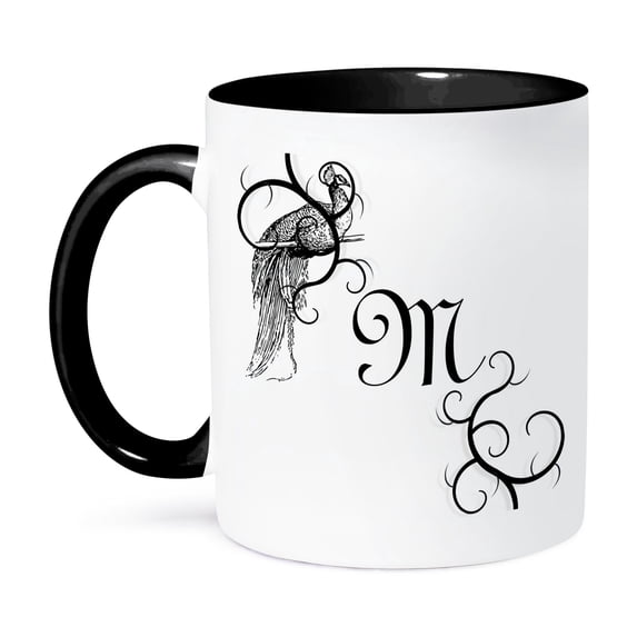 3dRose, Image of Letter M Victorian Style With Peacock Hiding, 15oz Two-Tone Black Mug