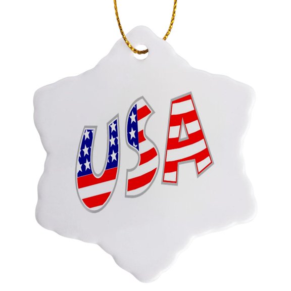 3drose, Image of Letters Usa in Red White Blue Stripes, 3 inch Snowflake Porcelain Ornament