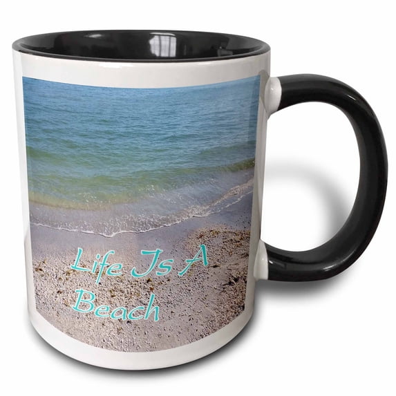3drose, Image of Life Is a Beach on Shelled Sanibel Beach, 11oz Two-tone Black Mug