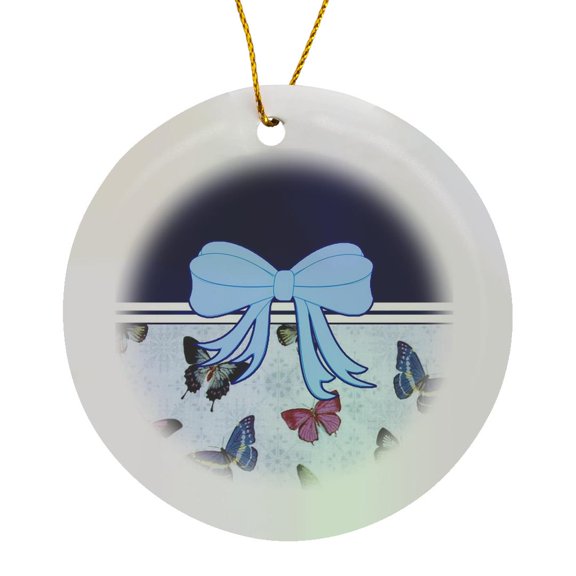 3drose, Image of Light Blue Bow with Butterflies, Circle Porcelain Ornament